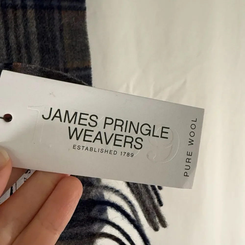 New james Pringle Weavers Pure Wool Scarf Grey Square Tassels 71